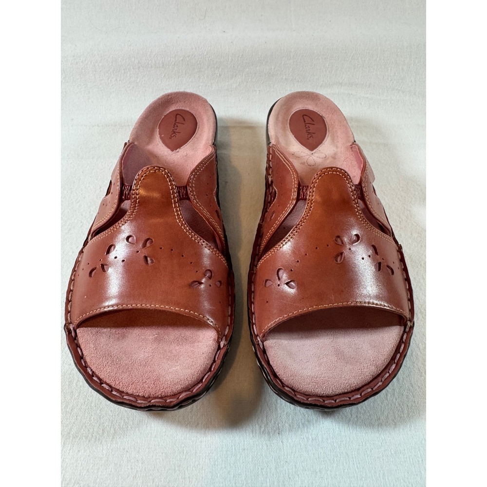 Clarks Brown Leather Floral Cutout Slide Sandals Wedge Heel 77099 Mens 7M